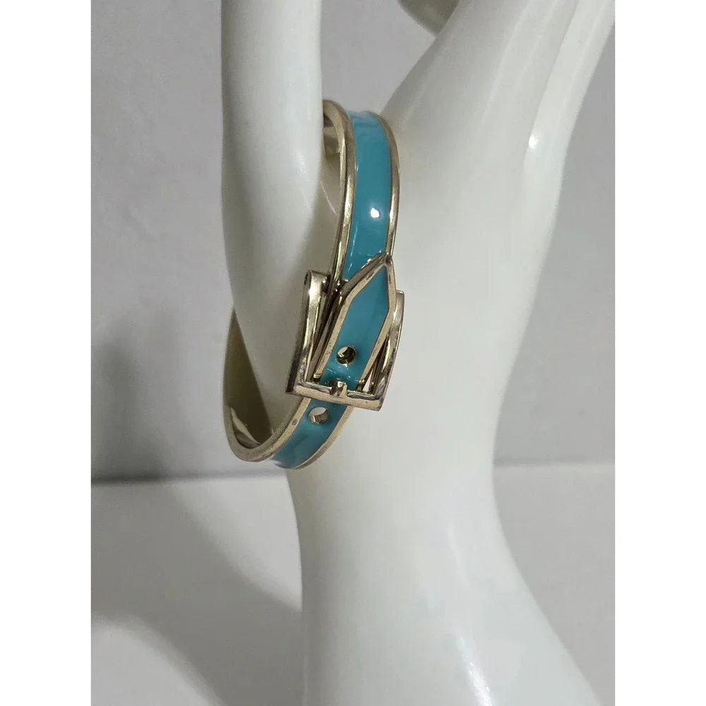 Vintage Gold Tone Retro Teal Green Enamel Belt Buckle Hinged Bangle‎ Bracelet